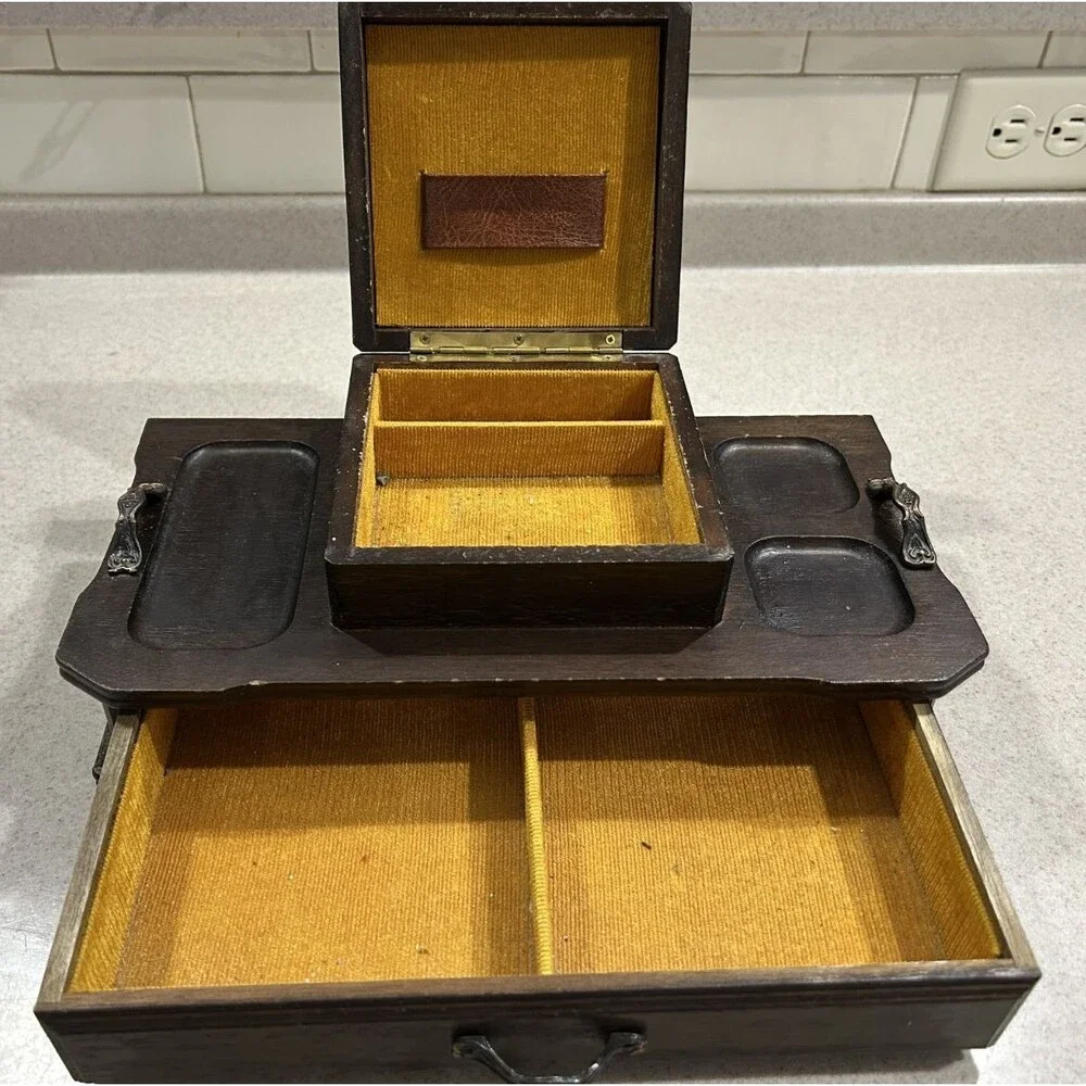Vintage London Leather Wooden Mens Dresser Jewelry Box Made Japan